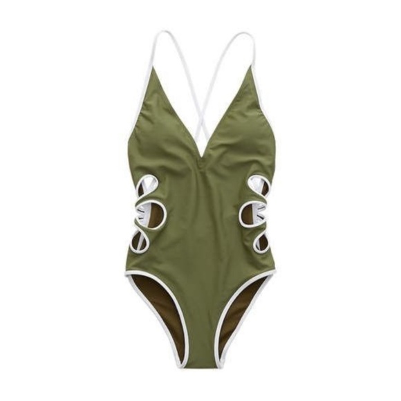 Aerie Cutout One Piece Swimsuit Olive Green Size Medium - Picture 2 of 9